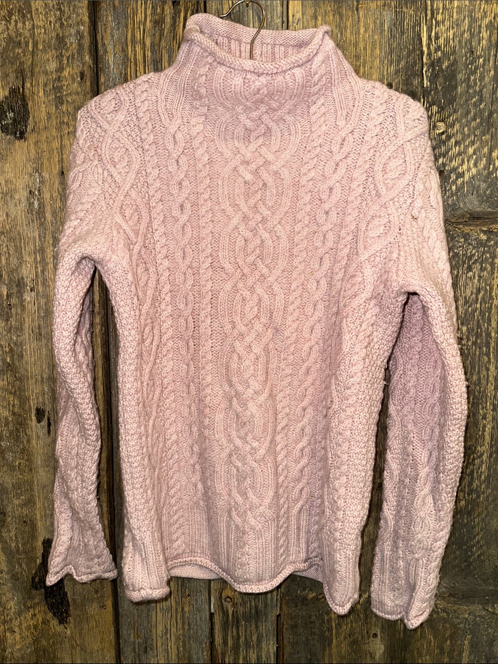 Aran Sweater Market Light Pink Cable-Knit Turtleneck Merino Wool